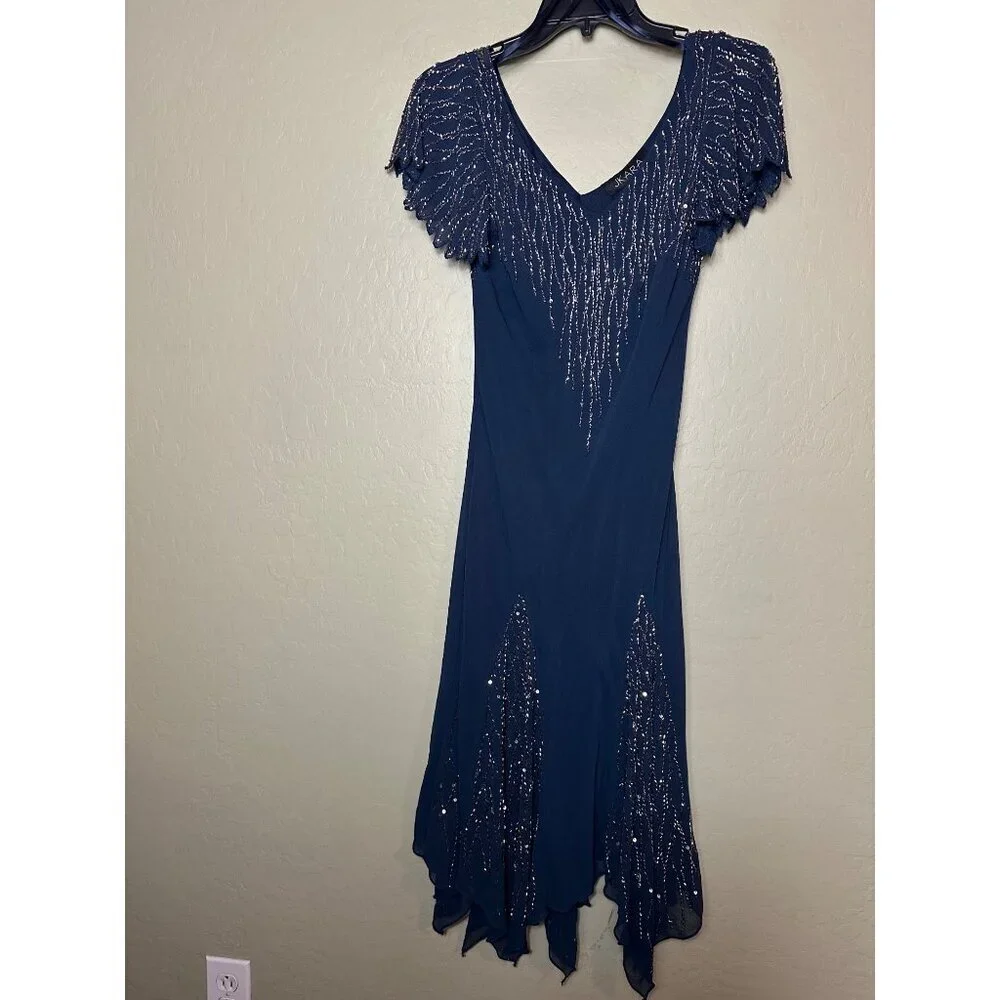 J Kara Women's Hanky Hem Beaded Cocktail Dress, Navy/Mercury, 6 - Picture 2 of 6